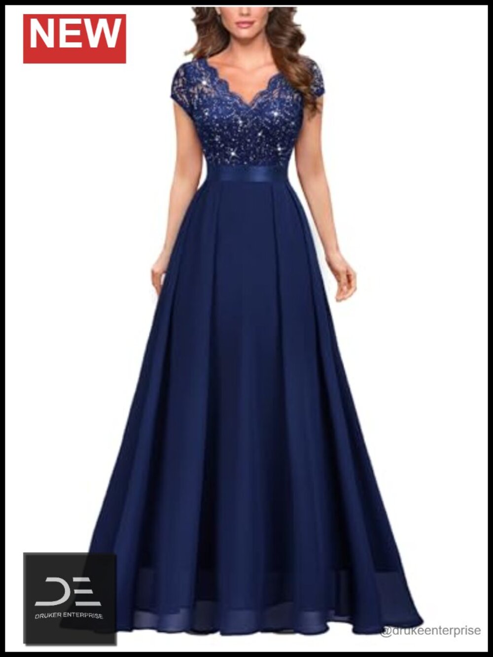Sequin Floral Lace V-Neck Formal Evening Maxi Dress Cap Sleeve A-Line